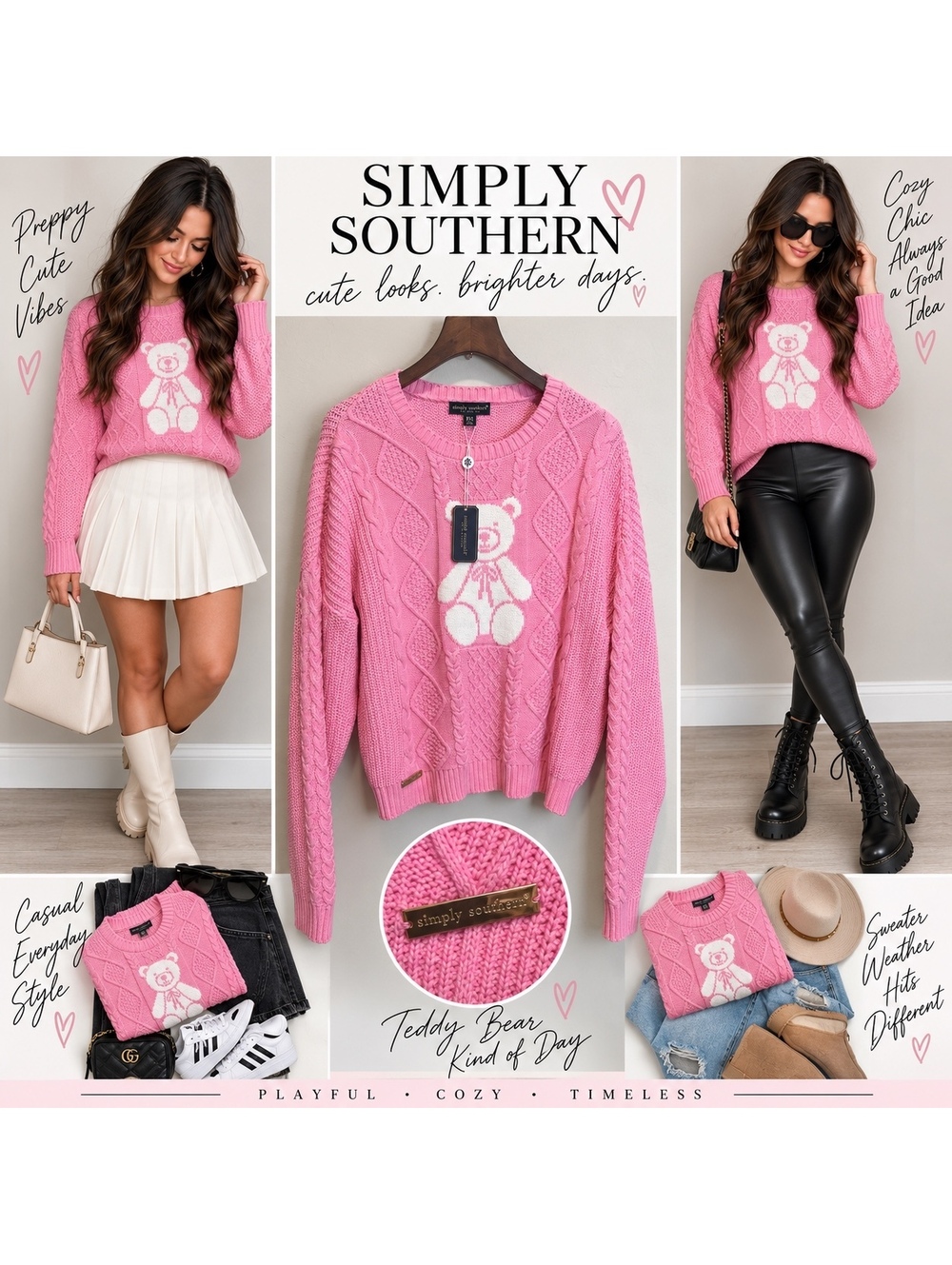 Simply Southern XXL Pink Teddy Bear Cable Knit Sweater NWT Coquette Y2K Preppy